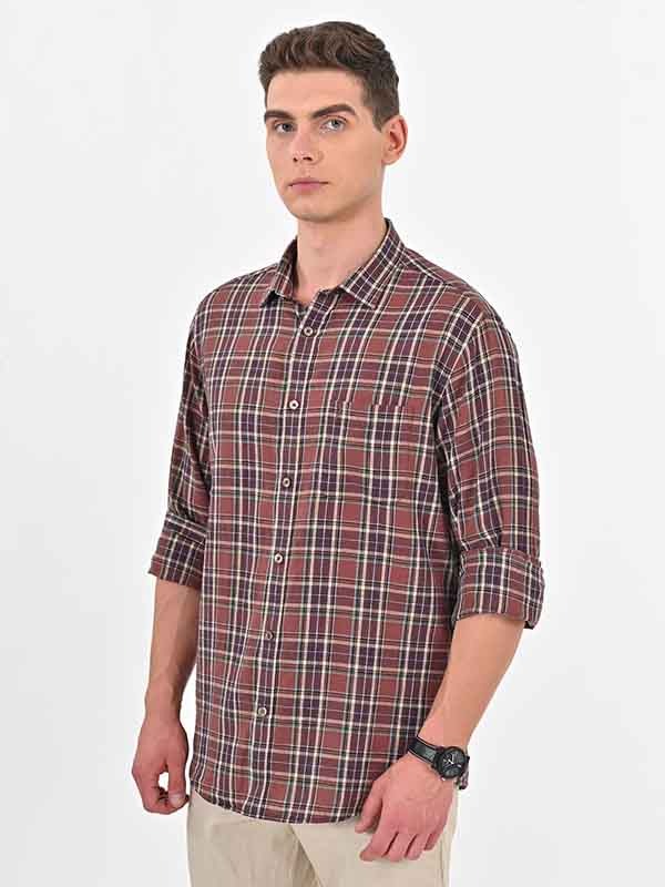 Indian Terrain Men's Regular Fit Full Sleeve Checkered Brown Shirt
